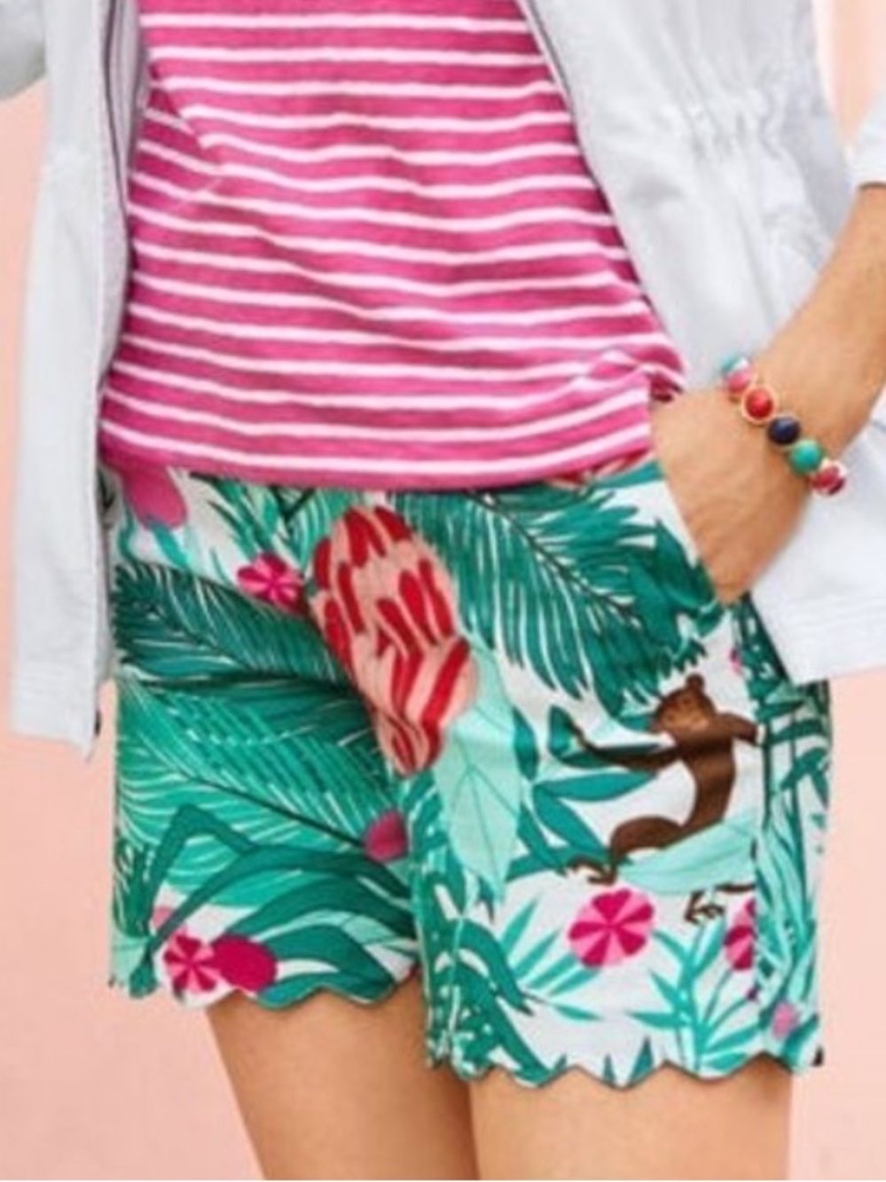 Talbots Paradise Jungle print shorts with scalloped hem & monkey motif